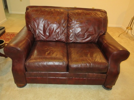 Ashley Furniture Transitional Modern Leather Loveseat Rolled Arm on Wooden Bun Feet