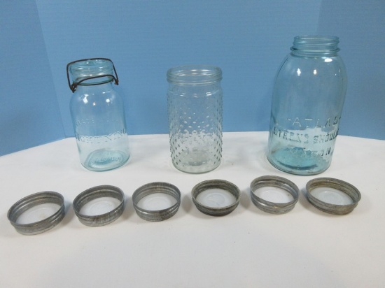 Lot Putnam 346 Lightning Blue Glass wire Lock Canning Jar w/Glass Lid Double Stamped Maker