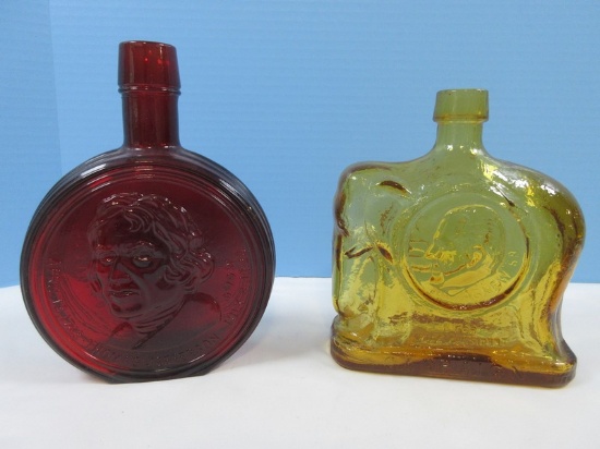 2 Collectible Pressed Glass Wheaton Bottles Ruby First Edition 8"H Disc Embossed Thomas