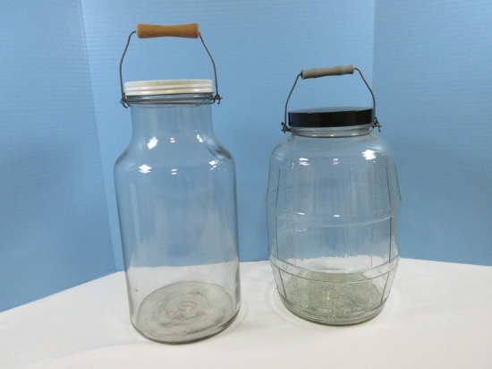Lot Large Glass Barrel Pickle Jar 13 3/4" w/Lid/Handle & Durglas 16" Jar w/Wooden Wire Handle