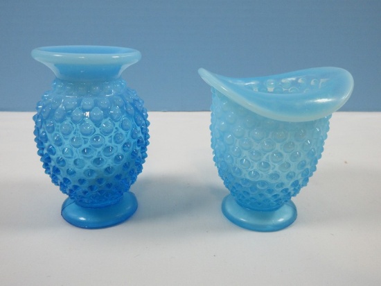 2pcs Fenton Blue Opalescent Hobnail Pattern 4" Flared Miniature Vase & 4" Mini Crimped Hat