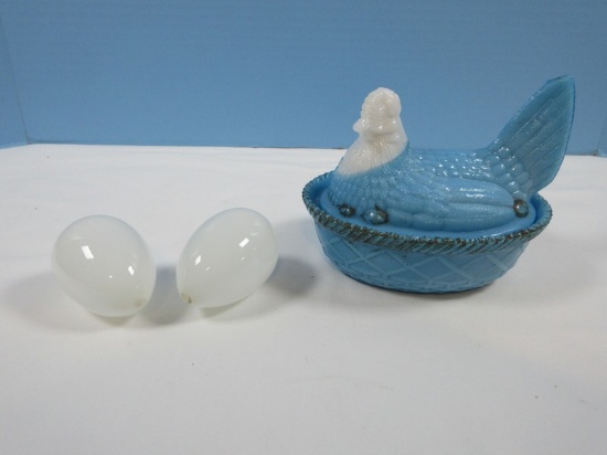 Blue/White Milk Glass Hen on Nest & 2 Hand Blown Milk Glass Eggs