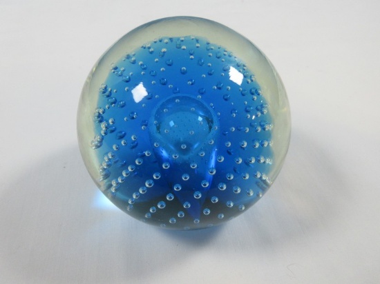 Studio Art Glass Blue Controlled Bubbles Encased Paperweight Sphere