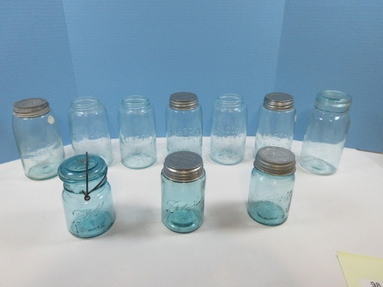 Lot 5 Early Blue Glass Mason's Canning Jars Patent Nov. 30, 1858- Blue Glass Whitney Mason Pat'D