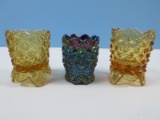 Collection 3 Glass Toothpick Holders LE Smith Amethyst Carnival Glass Daisy & Button 2 1/2