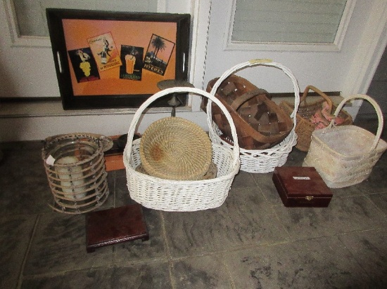 Lot Misc Baskets, French Wine Labels Logo Tray, 2 Cigar Boxes, Wrought Iron Pillar Candlestand
