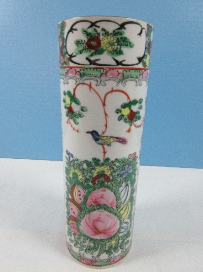 Chinese Porcelain Famille Rose Medallion Sleeve 9 1/4" Cylinder Vase Hand Painted Design