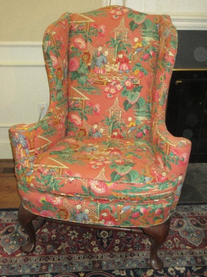 Refined Queen Anne Style Wingback Chair on Mahogany Legs w/Chinoiserie Courtyard Scene