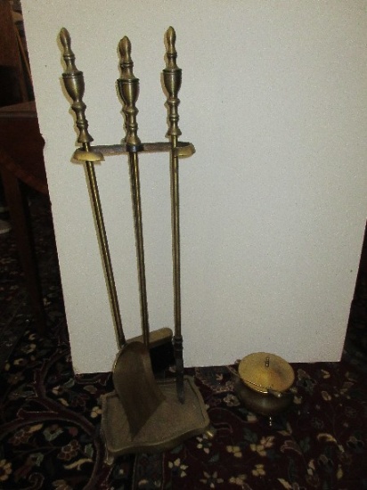 4pc Traditional Brass Fireplace Tool Set & Stand w/Brass Fire Starter Pot Cauldron