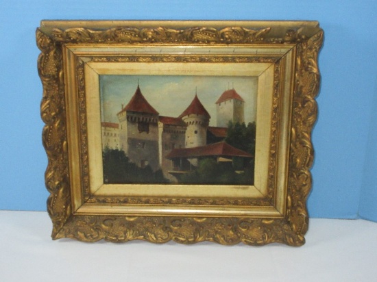 Rare Find Early Oil on Board Chillon Castle Medieval Castle in Veytauz, Switzerland Artist Signed