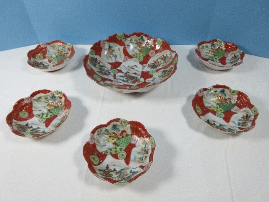 Early 6pc Porcelain Hand Painted Master Bowl w/5 Matching Individual Bowls Chinese Coral