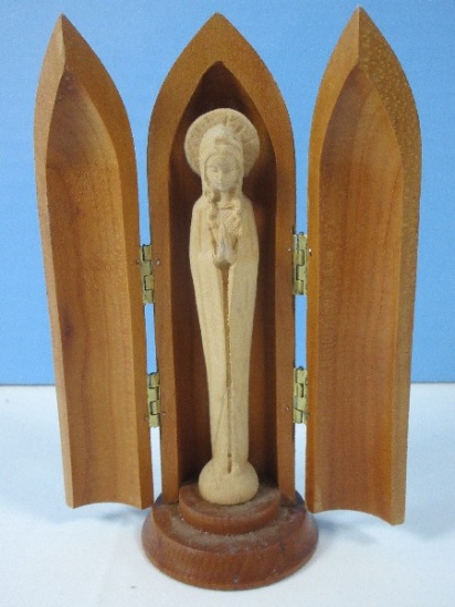 Early Religious Carved Wooden Virgin Mary Madonna Travel Shrine/Altar 6" Statuette Delicate