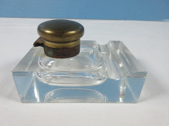 Early Clear Glass Inkwell w/Pen Rest Slot Monogram "C" Brass Hinged Cap