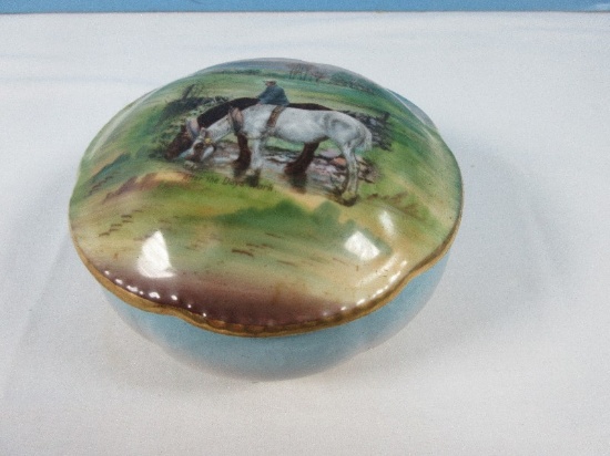 Victoria Austria Porcelain Covered Round Powered Dish/Trinket Box Pastoral & Horses Scene