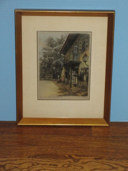Austrian Original Etching on Silk Schonbrunn Palace Scene Artist Hans Leisch in Gilt Frame.
