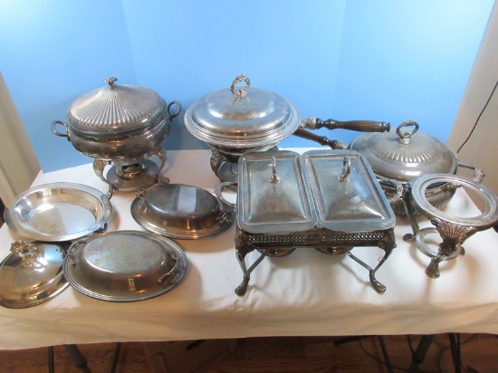 Lot Silverplate Chafing Dishes, Chafing Base, Oval Covered Serving Bowls, etc.