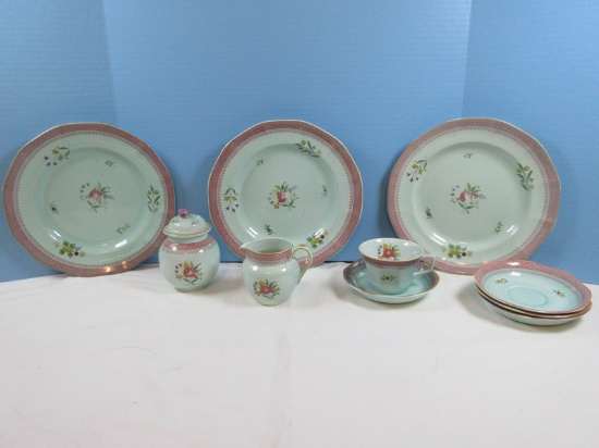 11pcs Adams China Lowestoft Calyxware Pink Border & Floral Design Plates, Saucers, Cup,