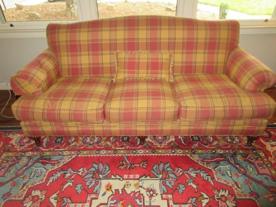 Havertys Furniture Stately French Country Sofa Mauve/Tan Plaid Upholstery Arched Back Rolled