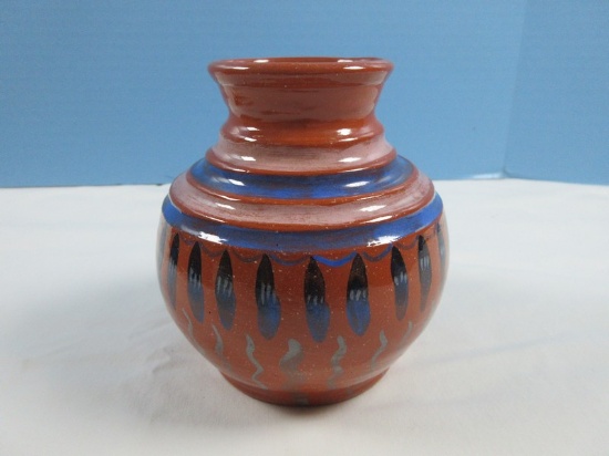 native American Design Clay Pottery Hand painted 4 1/2" Vessel Base Signed Ben Bas Sat