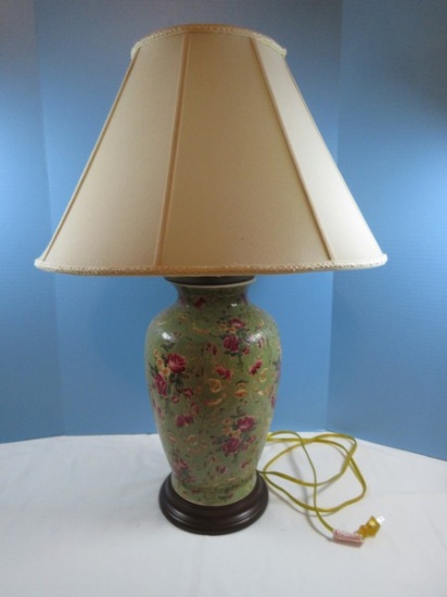 Oriental Accent Opulent Porcelain Vase 29" Table Lamp Hand Painted Incised Floral Spray &