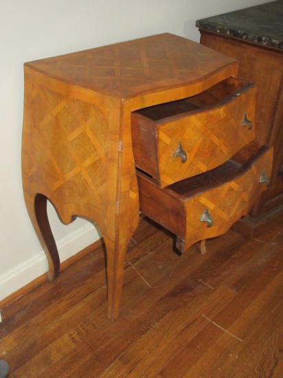 Petite Italian Marquetry Bombe Bombay 2 Drawer Chest Lattice Design-29"H x 21 1/2" x 13 1/2"