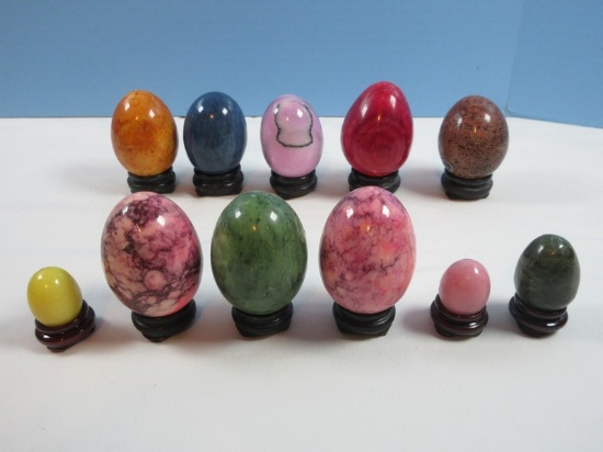 11 Genuine Alabaster Lefton Eggs & Other Various Colors & Sizes Some Made in Italy w/Stands