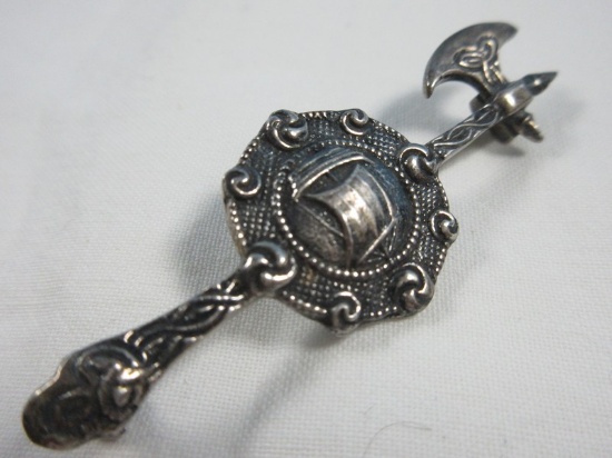 Scottish Celtic Battle Axe & Shield Brooch 2 1/4"L Made in Scotland w/Hallmarks Possibly Silver