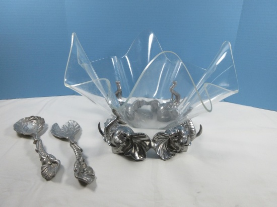 4pc Arthur Court Aluminum Hollowware Elephants 14" Acrylic Bowl w/Metal Stand Salad Bowl