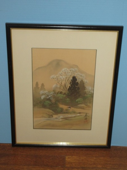 Pavilion Landscape Scene Mountain Background Original Chinese Artwork on Silk Signed w/