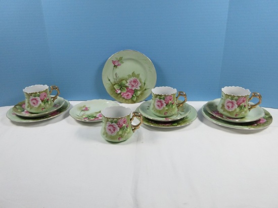 12pcs Lefton China Heritage Green #3067 Pattern Pink Roses Green Background Design Gold