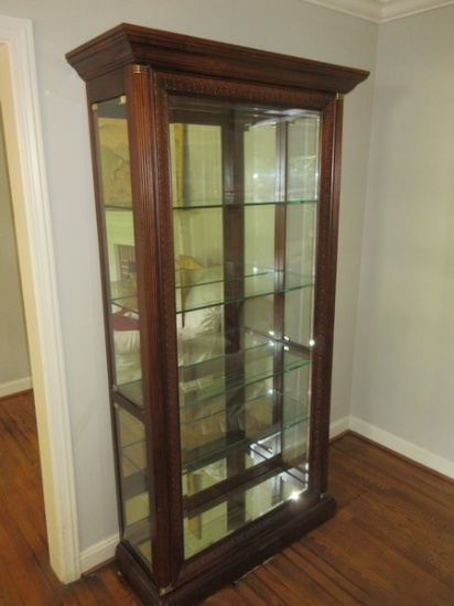 Splendid Lighted Curio Cabinet Mirror Back, Glass Shelves, Demi Columns, Beveled Glass Front w/