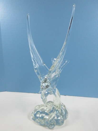 Striking Studio Art Glass Sculpture Cresting Wave w/Figural Seagull Mid Flight 15 3/4"