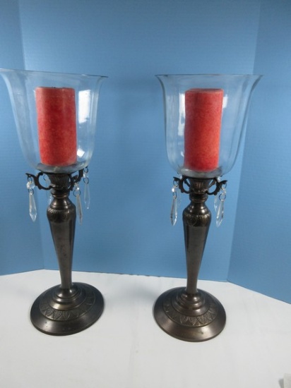 Pair Grandiose 22 1/2" Pillar Candle Stands Optic Panel Glass Hurricane Shades, Faceted Spear