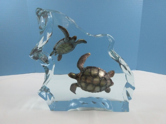 Exceptional Robert Wyland Bronze Figural Sea turtles Encased Lucite Sculpture Ltd 130/350