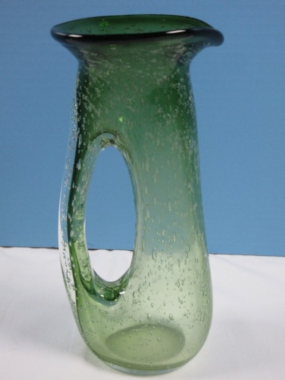 Awesome Mid Century Art Glass Ewer 10" Pitcher Bubble Design Polished Base