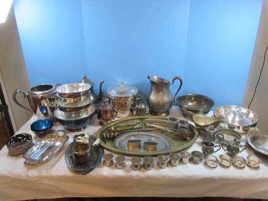 Silverplate Lot Footed Pitchers, Napkin Rings, Creamer, Sugar, Paul Revere Repro. Bowls, Gold-