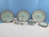 11pcs Adams China Lowestoft Calyxware Pink Border & Floral Design Plates, Saucers, Cup,