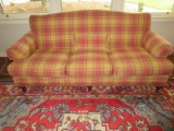 Havertys Furniture Stately French Country Sofa Mauve/Tan Plaid Upholstery Arched Back Rolled