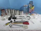 Lot Kitchenware Set of 4 Anchor Home Collection Wire Lock Canisters, Glass Canister, Utensils,