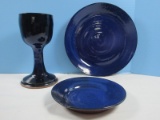 3pc Artisan Pottery Pamela Kolker Camp & Sarah Laughed Cobalt Blue Chalice 7 3/4