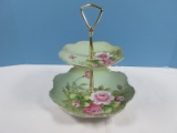 Lefton China Heritage Green #3067 Pattern 2 Tiered Serving Tray Lunch & Bread Plate 9 1/8
