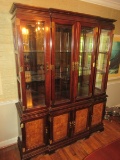 2pc Chinoiserie Chinese Style Lighted Breakfront China Cabinet w/Glass Shelves/Mirror Back on