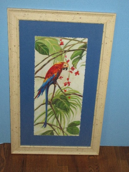 Perched Scarlet Macaw Bird & Tropical Foliage Artwork Print Blue Background Ivory Distressed
