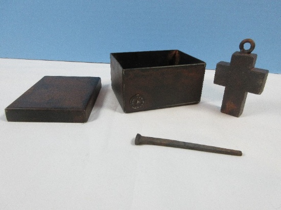 Jan Barboglio Metal House Blessing Cross box w/Cross & Nail Rustic Design-Retail $100,3"x2"x4"