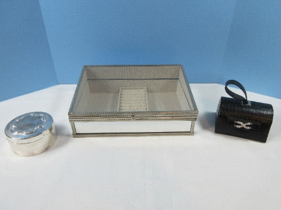 Lot Elegant Lined Glass Jewelry Box Exterior Mirror Trim Retail $70, Reed & Barton 4" Round