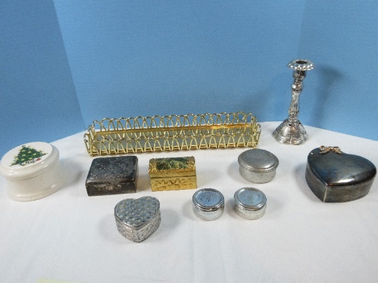 Lot Brass Plated Arched Dresser Tray, Italian Florentine Style Gilt Trinket Box, Silverplate Basket
