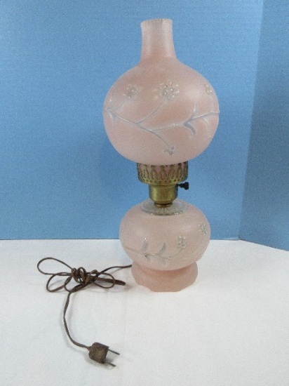 Vintage Pink Satin Glass Boudoir Hurricane Lamp 15 1/2" w/Night Light Base Clear Foliage