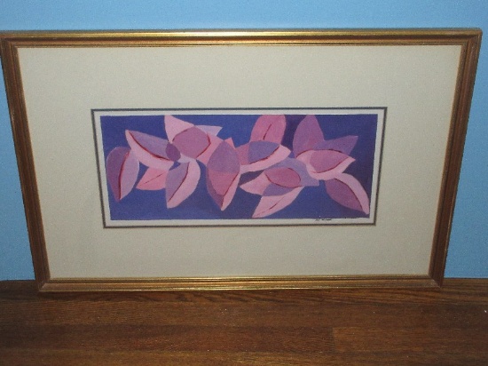 Abstract Foliage Original Artwork Signed D. Wood in Gilt Trim Frame/Mat- 29 1/4" x 19"