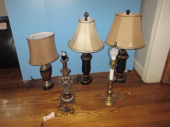 Lot Pair Resin Urn 27" Lamps Black Gilt Pierced Scroll Accent, Resin Reticulated Embellished 19"