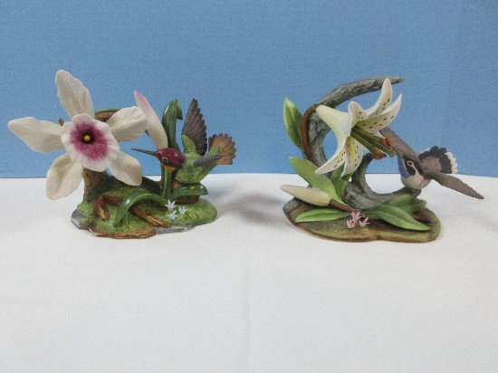 2 Andrea Bisque Porcelain Hummingbird Figurines Blue-Throated w/Lilies, Goldband & Ruby-